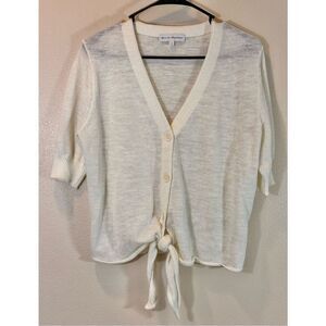 White + Warren Ivory Short Sleeve Button Up Front Tie Cardigan Women's Small